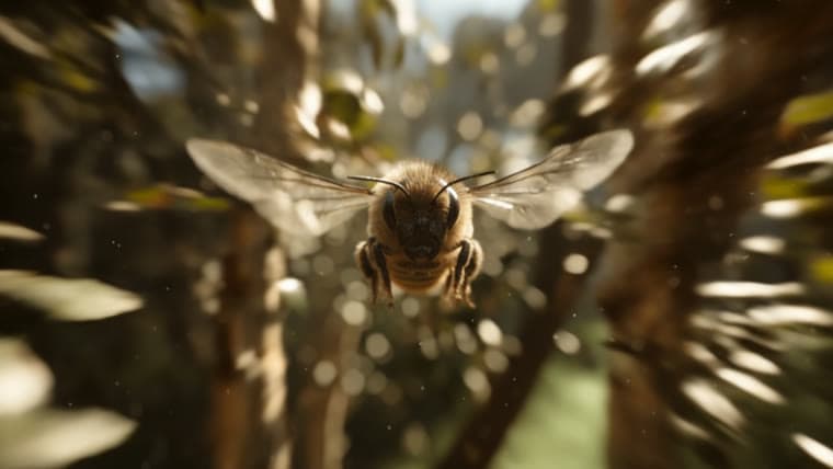 Cinematic close-up of a bee in golden light